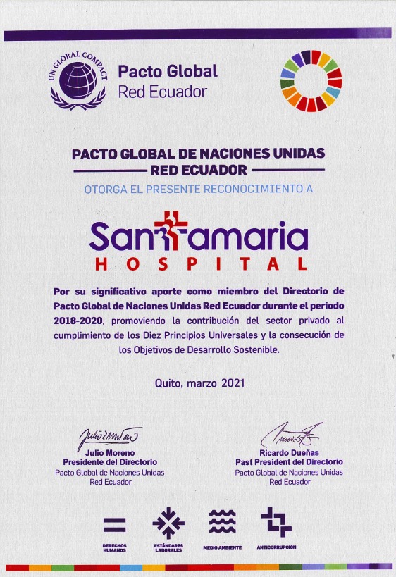 Reconocimiento Pacto Global a Hospital Santamaria
